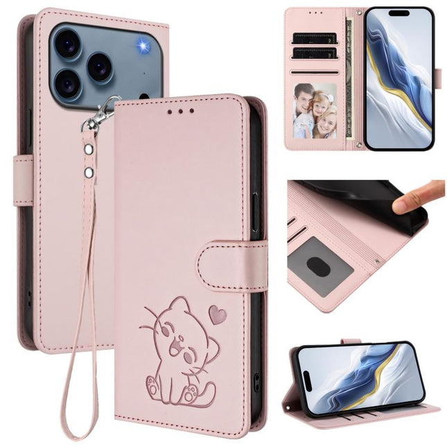 Embossed Heart Cat Leather Phone Case with Hand Strap, For iPhone 17 Pro Max, For iPhone 17 Pro