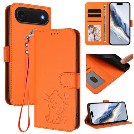 Embossed Heart Cat Leather Phone Case with Hand Strap, For iPhone Air, For iPhone 16 Pro Max