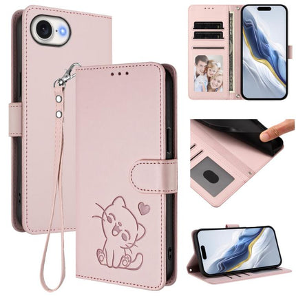 Embossed Heart Cat Leather Phone Case with Hand Strap