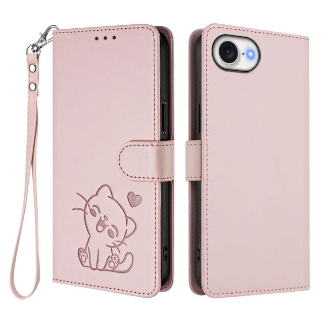 Embossed Heart Cat Leather Phone Case with Hand Strap