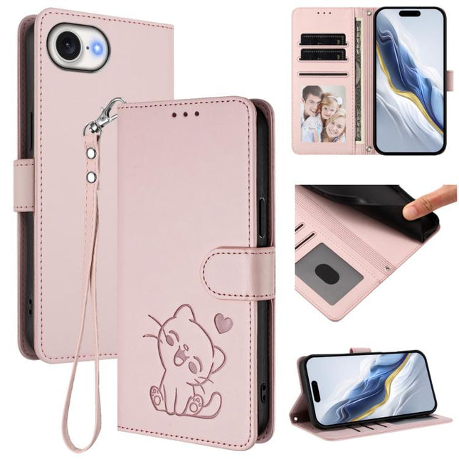 Embossed Heart Cat Leather Phone Case with Hand Strap, For iPhone 17 Pro, For iPhone 17