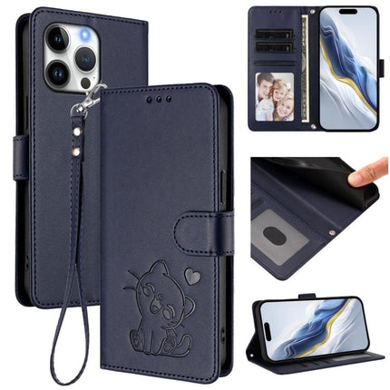 Embossed Heart Cat Leather Phone Case with Hand Strap