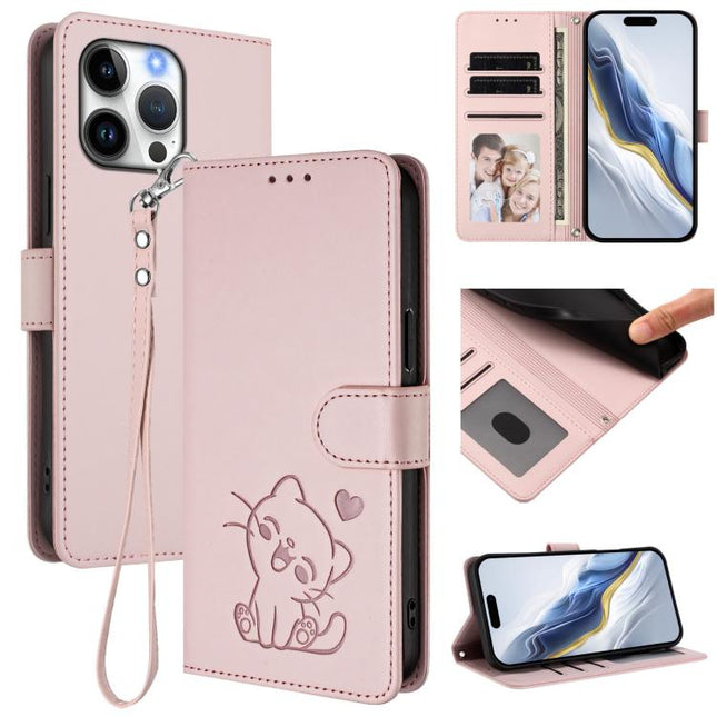 Embossed Heart Cat Leather Phone Case with Hand Strap, For iPhone 16 Pro, For iPhone 16 Plus