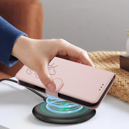 Embossed Heart Cat Leather Phone Case with Hand Strap, For iPhone 16 Pro, For iPhone 16 Plus