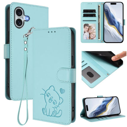 Embossed Heart Cat Leather Phone Case with Hand Strap, For iPhone 16 Pro, For iPhone 16 Plus