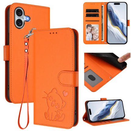 Embossed Heart Cat Leather Phone Case with Hand Strap, For iPhone 16 Pro, For iPhone 16 Plus