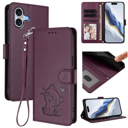 Embossed Heart Cat Leather Phone Case with Hand Strap, For iPhone 16 Pro, For iPhone 16 Plus