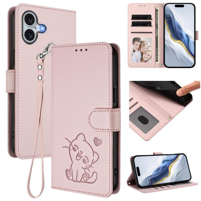Embossed Heart Cat Leather Phone Case with Hand Strap, For iPhone 16, For iPhone 15 Pro Max