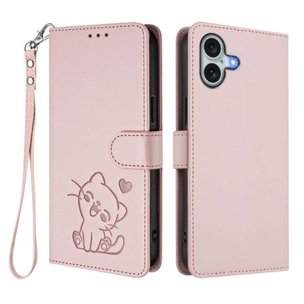 Embossed Heart Cat Leather Phone Case with Hand Strap, For iPhone 16, For iPhone 15 Pro Max