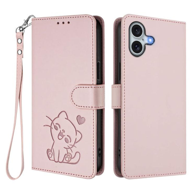 Embossed Heart Cat Leather Phone Case with Hand Strap, For iPhone 16, For iPhone 15 Pro Max