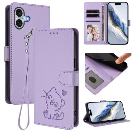 Embossed Heart Cat Leather Phone Case with Hand Strap, For iPhone 16, For iPhone 15 Pro Max