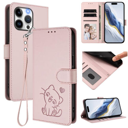 Embossed Heart Cat Leather Phone Case with Hand Strap, For iPhone 16, For iPhone 15 Pro Max