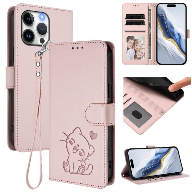 Embossed Heart Cat Leather Phone Case with Hand Strap, For iPhone 15 Pro, For iPhone 15 Plus