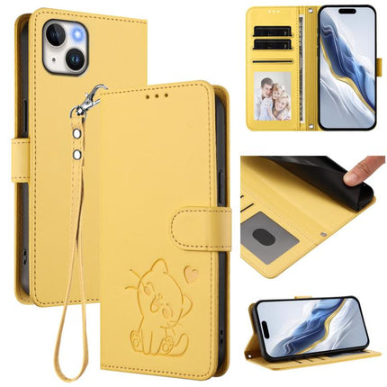 Embossed Heart Cat Leather Phone Case with Hand Strap, For iPhone 15 Pro, For iPhone 15 Plus
