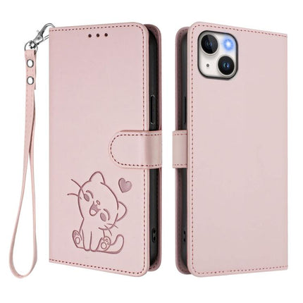 Embossed Heart Cat Leather Phone Case with Hand Strap, For iPhone 15, For iPhone 14 Plus