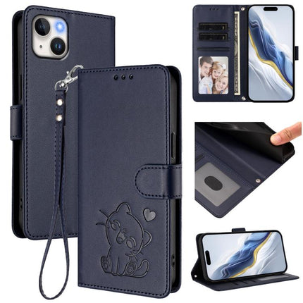 Embossed Heart Cat Leather Phone Case with Hand Strap, For iPhone 15, For iPhone 14 Plus