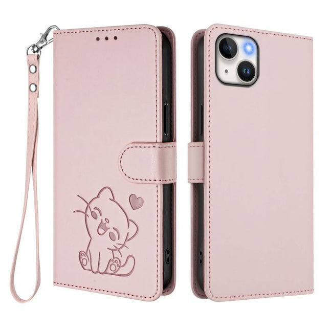 Embossed Heart Cat Leather Phone Case with Hand Strap, For iPhone 14 / 13, For iPhone 14 Pro