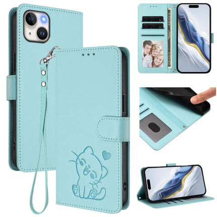 Embossed Heart Cat Leather Phone Case with Hand Strap, For iPhone 14 / 13, For iPhone 14 Pro