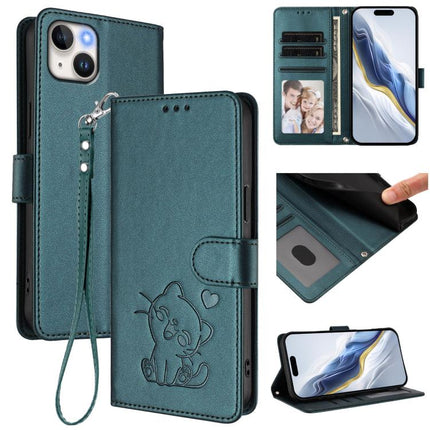 Embossed Heart Cat Leather Phone Case with Hand Strap, For iPhone 14 / 13, For iPhone 14 Pro