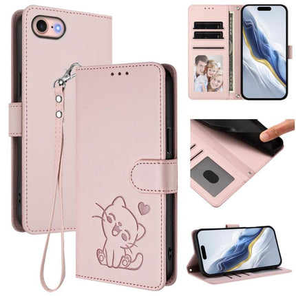 Embossed Heart Cat Leather Phone Case with Hand Strap, For iPhone 14 Pro Max, For iPhone 7 / 8 / SE 2022