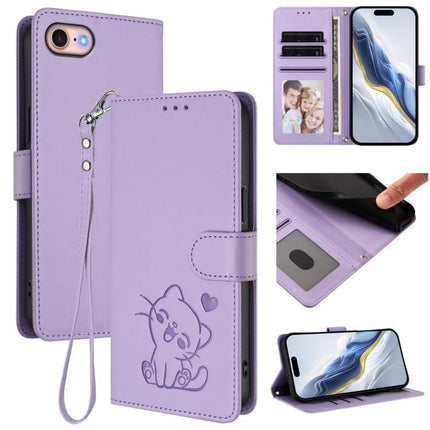 Embossed Heart Cat Leather Phone Case with Hand Strap, For iPhone 14 Pro Max, For iPhone 7 / 8 / SE 2022