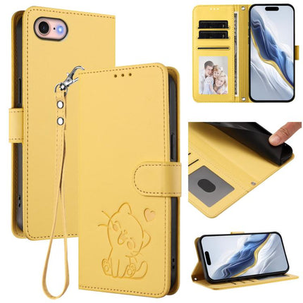 Embossed Heart Cat Leather Phone Case with Hand Strap, For iPhone 14 Pro Max, For iPhone 7 / 8 / SE 2022