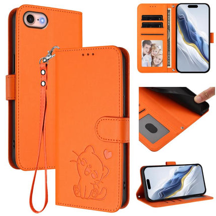 Embossed Heart Cat Leather Phone Case with Hand Strap, For iPhone 14 Pro Max, For iPhone 7 / 8 / SE 2022