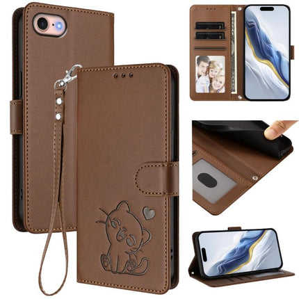 Embossed Heart Cat Leather Phone Case with Hand Strap, For iPhone 14 Pro Max, For iPhone 7 / 8 / SE 2022