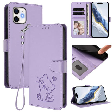 Embossed Heart Cat Leather Phone Case with Hand Strap, For iPhone 13 mini, For iPhone 12 / 12 Pro