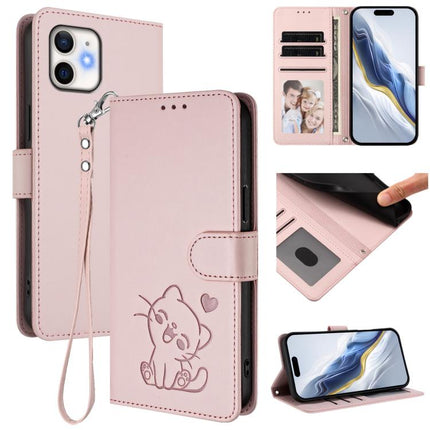Embossed Heart Cat Leather Phone Case with Hand Strap, For iPhone 12 Pro Max, For iPhone 12 mini