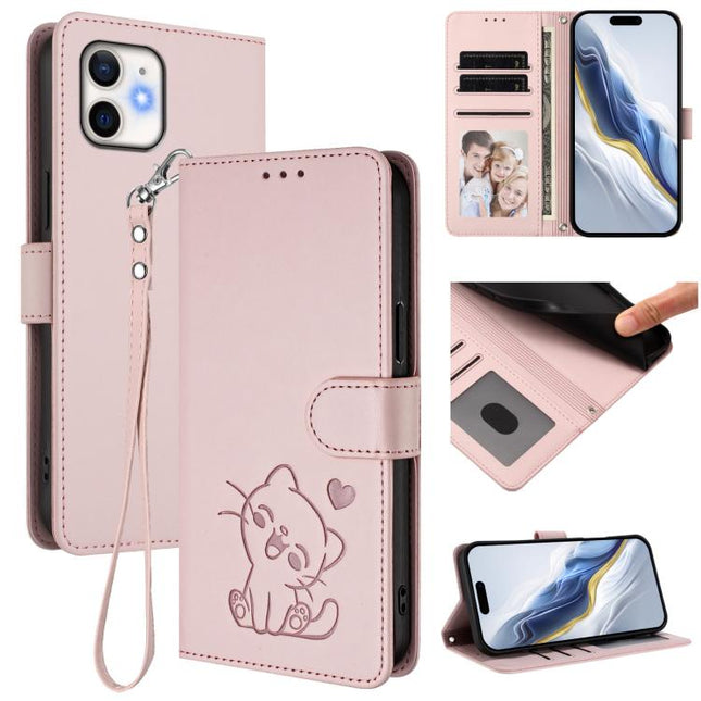 Embossed Heart Cat Leather Phone Case with Hand Strap, For iPhone 11 Pro Max, For iPhone 11