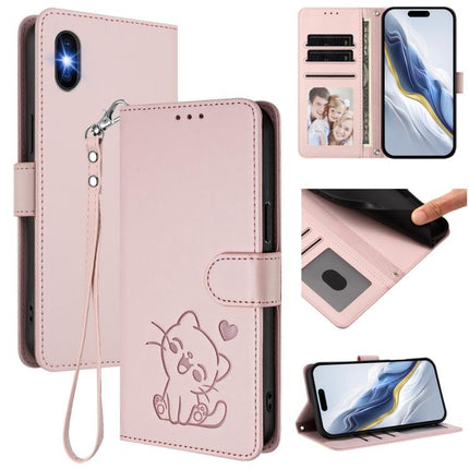 Embossed Heart Cat Leather Phone Case with Hand Strap, For iPhone 11 Pro, For iPhone X / XS