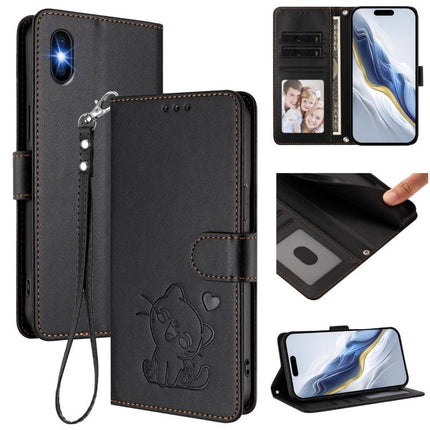 Embossed Heart Cat Leather Phone Case with Hand Strap, For iPhone 11 Pro, For iPhone X / XS