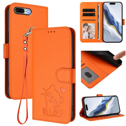 Embossed Heart Cat Leather Phone Case with Hand Strap, For iPhone 7 Plus / 8 Plus