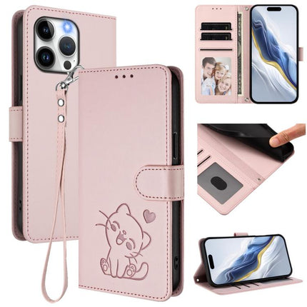 Embossed Heart Cat Leather Phone Case with Hand Strap, For iPhone 14 / 13, For iPhone 14 Pro
