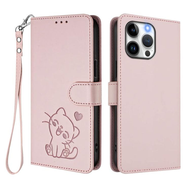 Embossed Heart Cat Leather Phone Case with Hand Strap, For iPhone 13 Pro Max, For iPhone 13 Pro