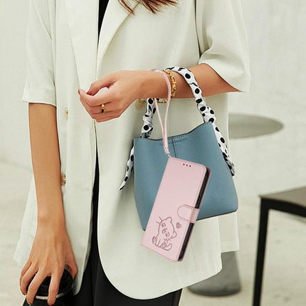 Embossed Heart Cat Leather Phone Case with Hand Strap, For iPhone 13 mini, For iPhone 12 / 12 Pro