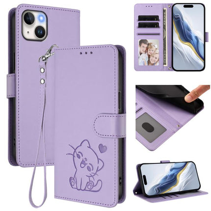 Embossed Heart Cat Leather Phone Case with Hand Strap, For iPhone 13 mini, For iPhone 12 / 12 Pro