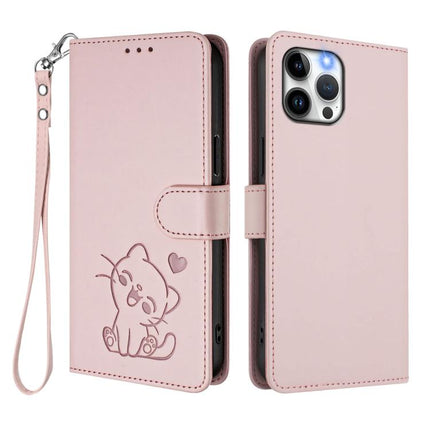 Embossed Heart Cat Leather Phone Case with Hand Strap, For iPhone 12 Pro Max, For iPhone 12 mini