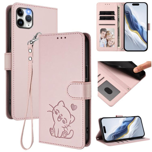 Embossed Heart Cat Leather Phone Case with Hand Strap, For iPhone 11 Pro Max, For iPhone 11