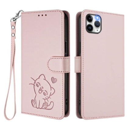 Embossed Heart Cat Leather Phone Case with Hand Strap, For iPhone 11 Pro Max, For iPhone 11