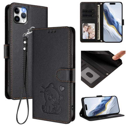 Embossed Heart Cat Leather Phone Case with Hand Strap, For iPhone 11 Pro Max, For iPhone 11
