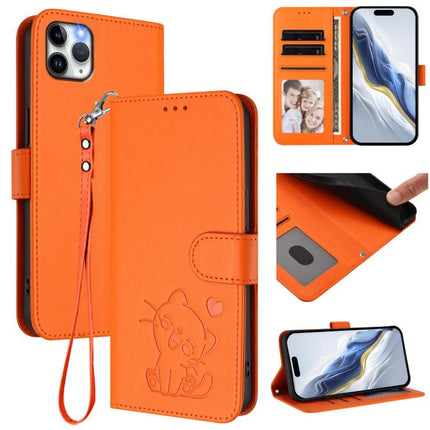 Embossed Heart Cat Leather Phone Case with Hand Strap, For iPhone 11 Pro, For iPhone X / XS
