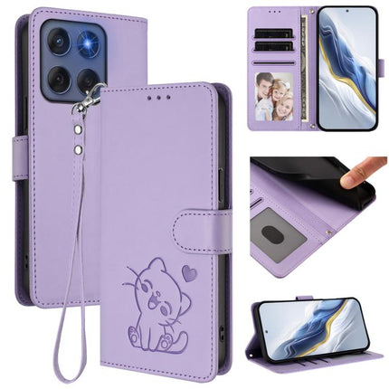 Embossed Heart Cat Leather Phone Case with Hand Strap, For Motorola Edge 60 Pro, For Motorola Edge 60 Fusion