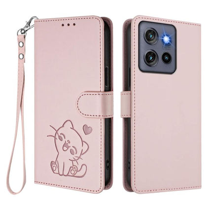 Embossed Heart Cat Leather Phone Case with Hand Strap, For Motorola Moto G Stylus 5G 2025, For Motorola Moto G15 / G15 Power