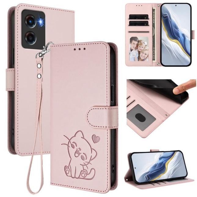 Embossed Heart Cat Leather Phone Case with Hand Strap, For Motorola Moto G05 / E15, For Motorola Moto G 5G 2025