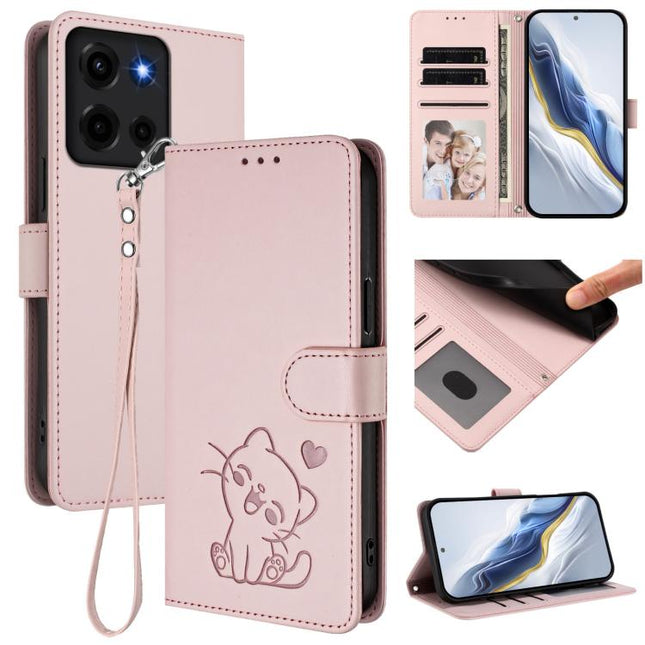 Embossed Heart Cat Leather Phone Case with Hand Strap, For Motorola Moto G05 / E15, For Motorola Moto G 5G 2025