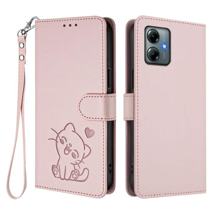 Embossed Heart Cat Leather Phone Case with Hand Strap, For Motorola Moto G Play 2025, For Motorola Moto Thinkphone 25