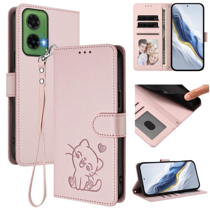 Embossed Heart Cat Leather Phone Case with Hand Strap, For Motorola Moto G35 5G, For Motorola Moto G55 5G