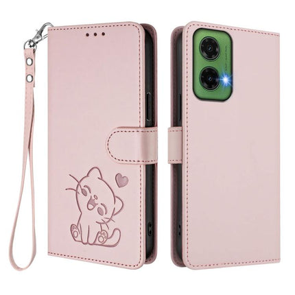 Embossed Heart Cat Leather Phone Case with Hand Strap, For Motorola Moto G35 5G, For Motorola Moto G55 5G